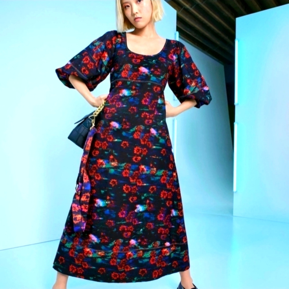 RACHEL COMEY X TARGET Black Red Floral Kodak Balloon Sleeve Midi Dress Size 2